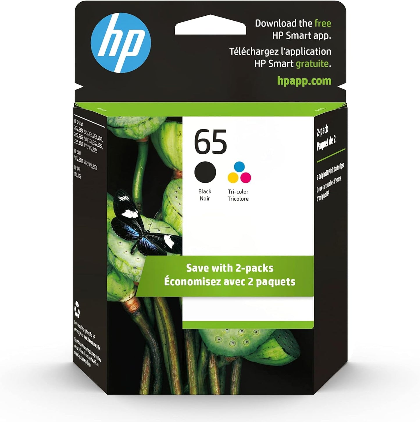 HP 65 Ink Cartridges - Black and Color (Tri-Color), 2 Pack